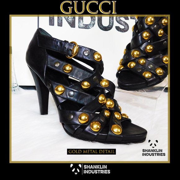 🤍🐼GUCCI🐼🤍 Limited Edition Gold Metal Heels SZ 39.5 US 9.5 - Picture 3 of 13